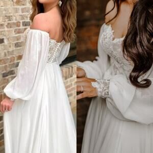 Lillian West Wedding Dress Gown‎ Off the Shoulder Style 66228 Slit Ethereal Boho